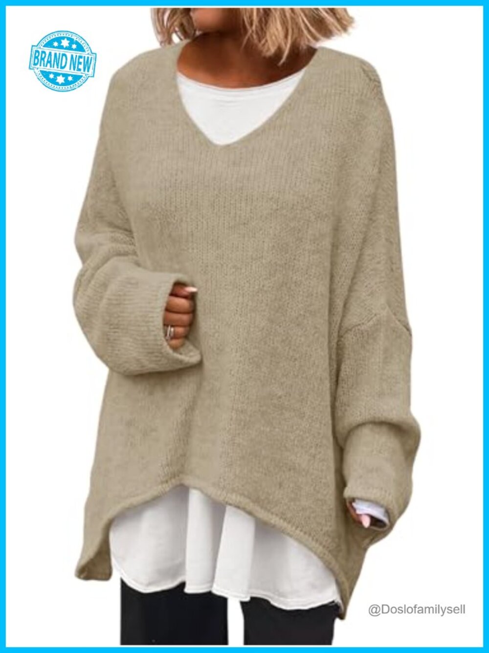 Oversized V Neck Batwing Long Sleeve Knit Pullover Sweater
